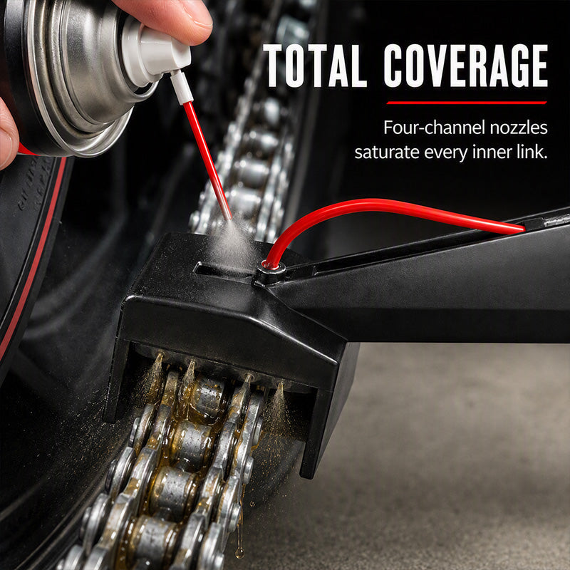 ❄️Summerfresh 50% OFF!🏍️Motorcycle Chain Lube Applicator – 4-Way Precision Spray Guide