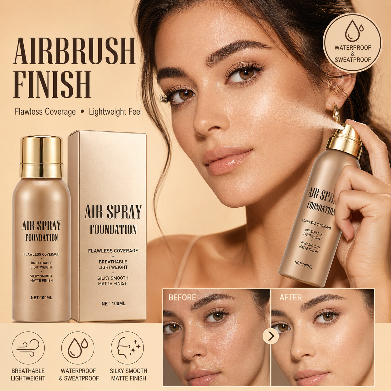 💦Waterproof Flawless Air Spray Foundation｜Long‑Lasting Airbrush Makeup, Sweat‑Proof Buildable Coverage ✨