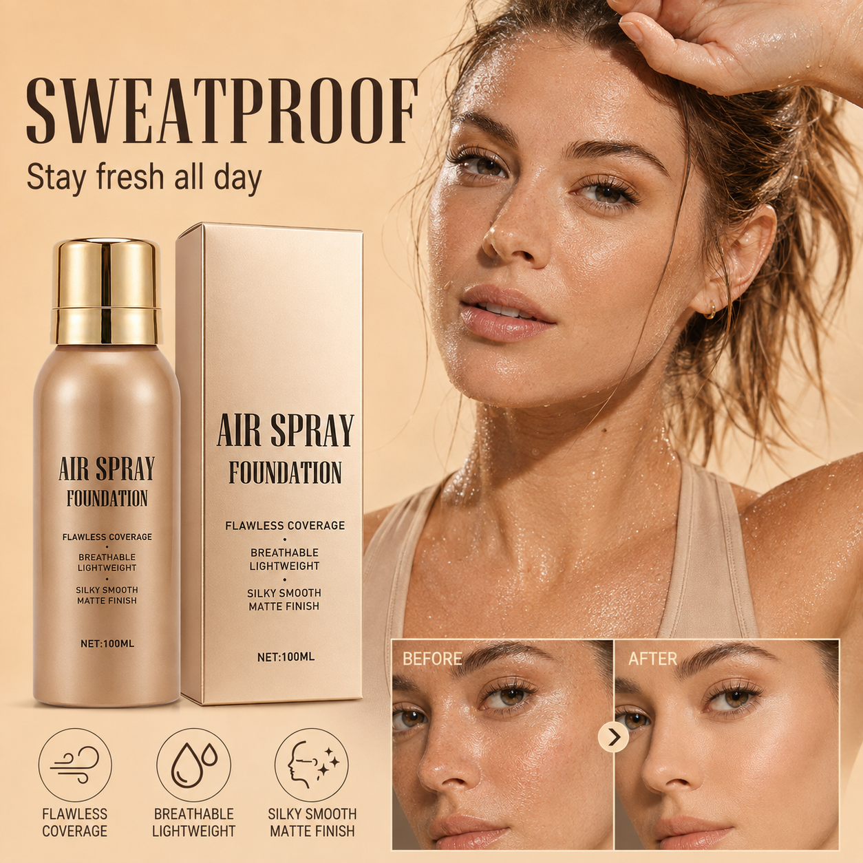 💦Waterproof Flawless Air Spray Foundation｜Long‑Lasting Airbrush Makeup, Sweat‑Proof Buildable Coverage ✨
