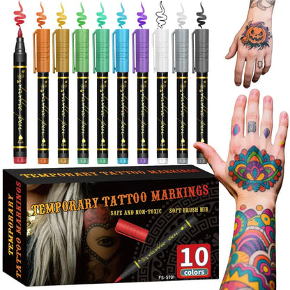 🎁🔥Last day sale 50% OFF🔥Cosmetic Grade Temporary Tattoo Markers for Skin, 10/15 Vibrant Colors Flexible Brush Tip Pens,, High Detail, Face Makeup Halloween, None Toxic, Office Stationery Writing Tool 2