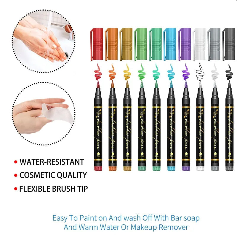 🎁🔥Last day sale 50% OFF🔥Cosmetic Grade Temporary Tattoo Markers for Skin, 10/15 Vibrant Colors Flexible Brush Tip Pens,, High Detail, Face Makeup Halloween, None Toxic, Office Stationery Writing Tool 2