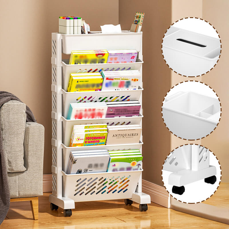 🎁2026 New Arrivals 50% OFF💥Movable Bookshelf on Wheels – 5/6 Tiers, 45° Angled, Lockable Casters 📖