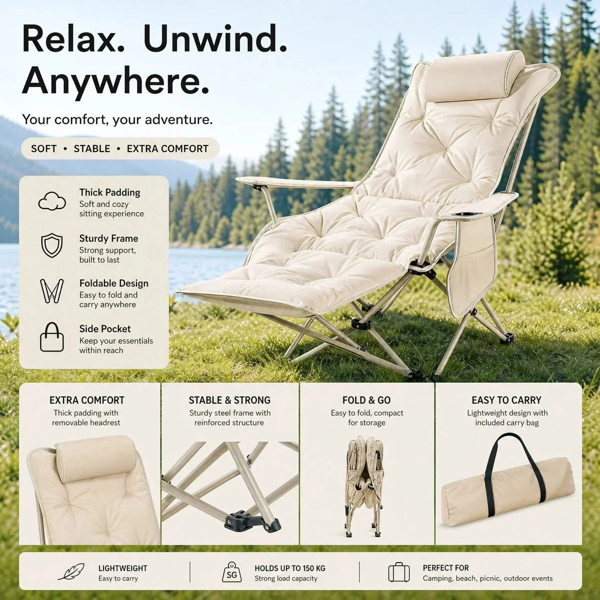 🪑 Portable, adjustable folding chair for outdoor use – Lightweight, sturdy & versatile – Ideal for the garden, camping, the beach or the patio – easy to carry and set up 🏕️✨