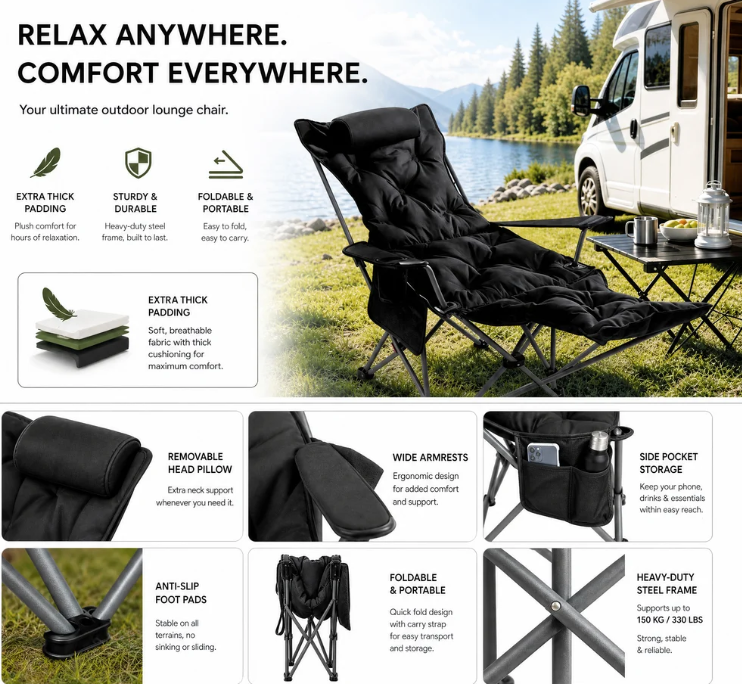 🪑 Portable, adjustable folding chair for outdoor use – Lightweight, sturdy & versatile – Ideal for the garden, camping, the beach or the patio – easy to carry and set up 🏕️✨