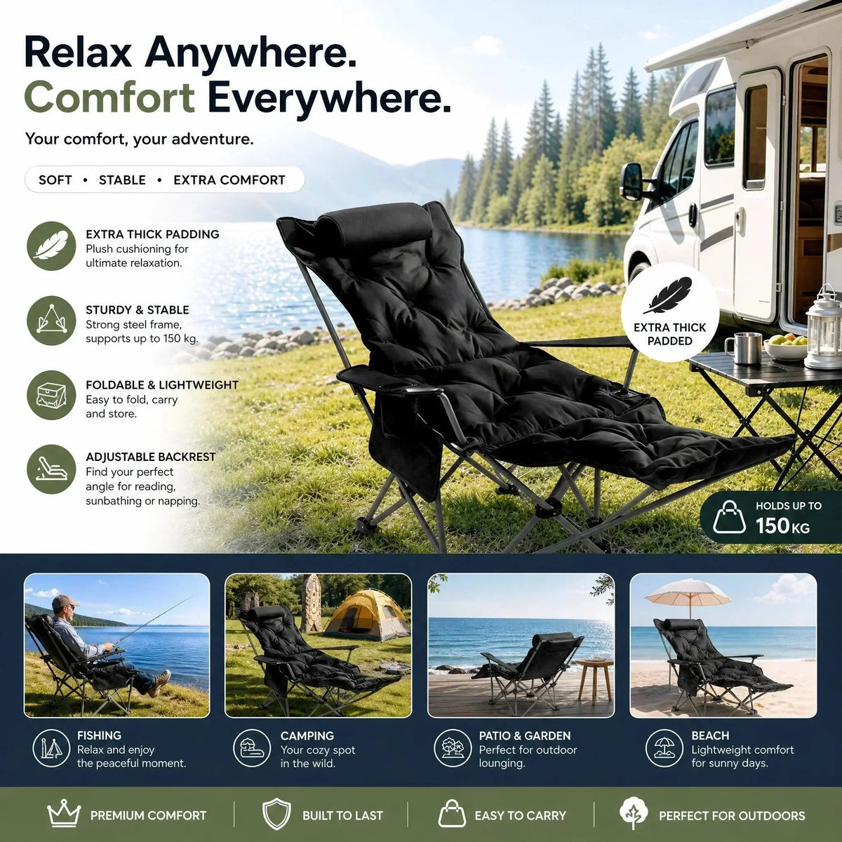 🪑 Portable, adjustable folding chair for outdoor use – Lightweight, sturdy & versatile – Ideal for the garden, camping, the beach or the patio – easy to carry and set up 🏕️✨