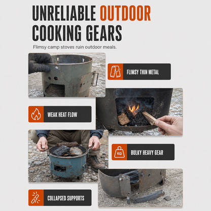 🔥 Heavy-Duty Camping Stove: Carbon Steel, Wood & Charcoal, High-Draft Airflow, 3-in-1 Cook