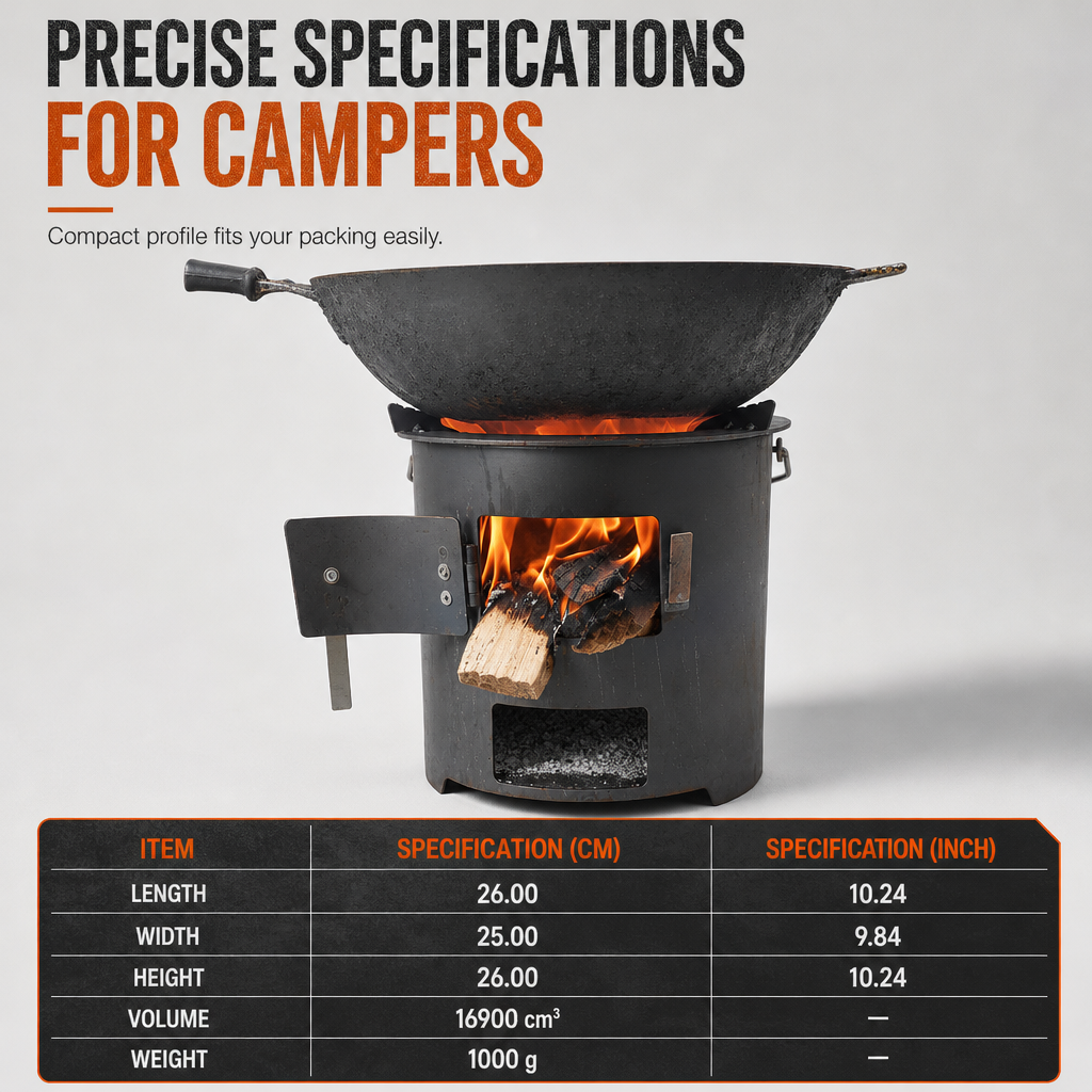 🔥 Heavy-Duty Camping Stove: Carbon Steel, Wood & Charcoal, High-Draft Airflow, 3-in-1 Cook