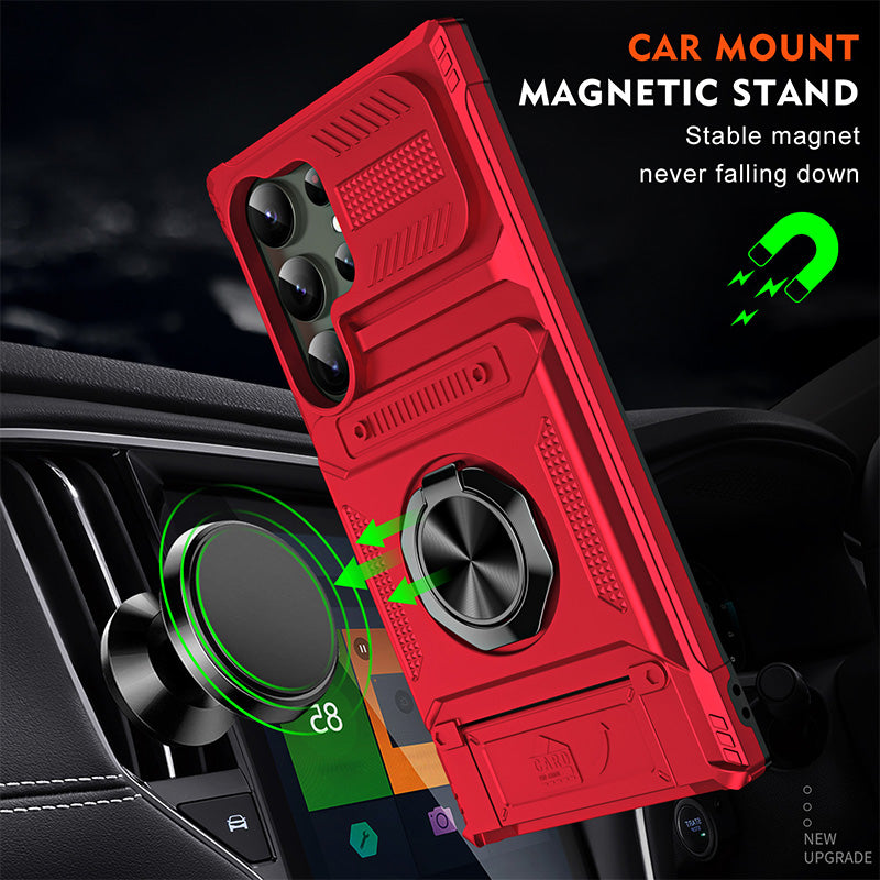 📱50% OFF NOW! Samsung Card Holder Phone Case, Heavy Duty Shockproof Case with Magnetic Ring Stand & Camera Slide Cover for Samsung Galaxy