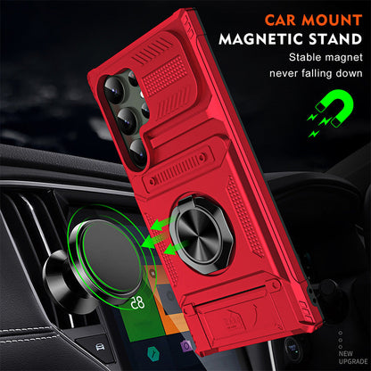 📱50% OFF NOW! Samsung Card Holder Phone Case, Heavy Duty Shockproof Case with Magnetic Ring Stand & Camera Slide Cover for Samsung Galaxy