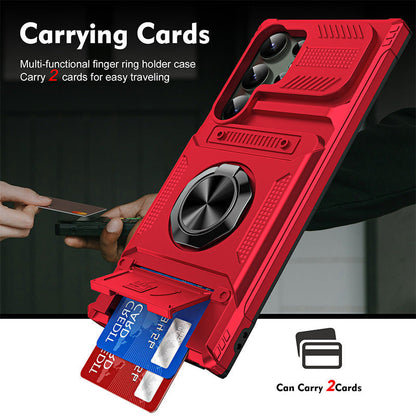 📱50% OFF NOW! Samsung Card Holder Phone Case, Heavy Duty Shockproof Case with Magnetic Ring Stand & Camera Slide Cover for Samsung Galaxy