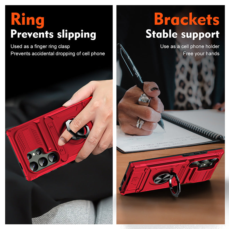 📱50% OFF NOW! Samsung Card Holder Phone Case, Heavy Duty Shockproof Case with Magnetic Ring Stand & Camera Slide Cover for Samsung Galaxy