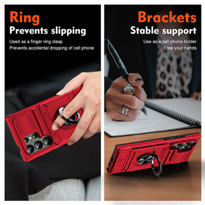 📱50% OFF NOW! Samsung Card Holder Phone Case, Heavy Duty Shockproof Case with Magnetic Ring Stand & Camera Slide Cover for Samsung Galaxy