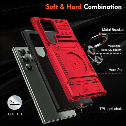📱50% OFF NOW! Samsung Card Holder Phone Case, Heavy Duty Shockproof Case with Magnetic Ring Stand & Camera Slide Cover for Samsung Galaxy