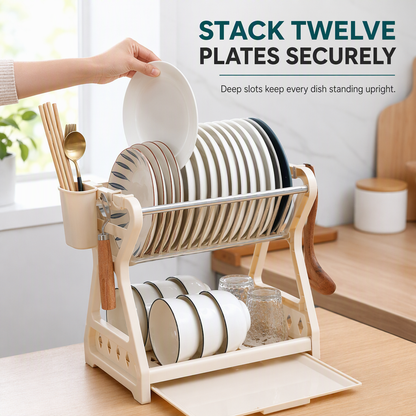 🍽️ 50% OFF! ✨ Multi-Tier Carbon Steel Dish Drying Rack with Drip Tray – Double Counter Space Vertical Design, Holds 12+ Plates Deep Card Slots, Removable Slide-Out Drainage Tray & Tool-Free Snap Assembly – 3 Colors 🥢