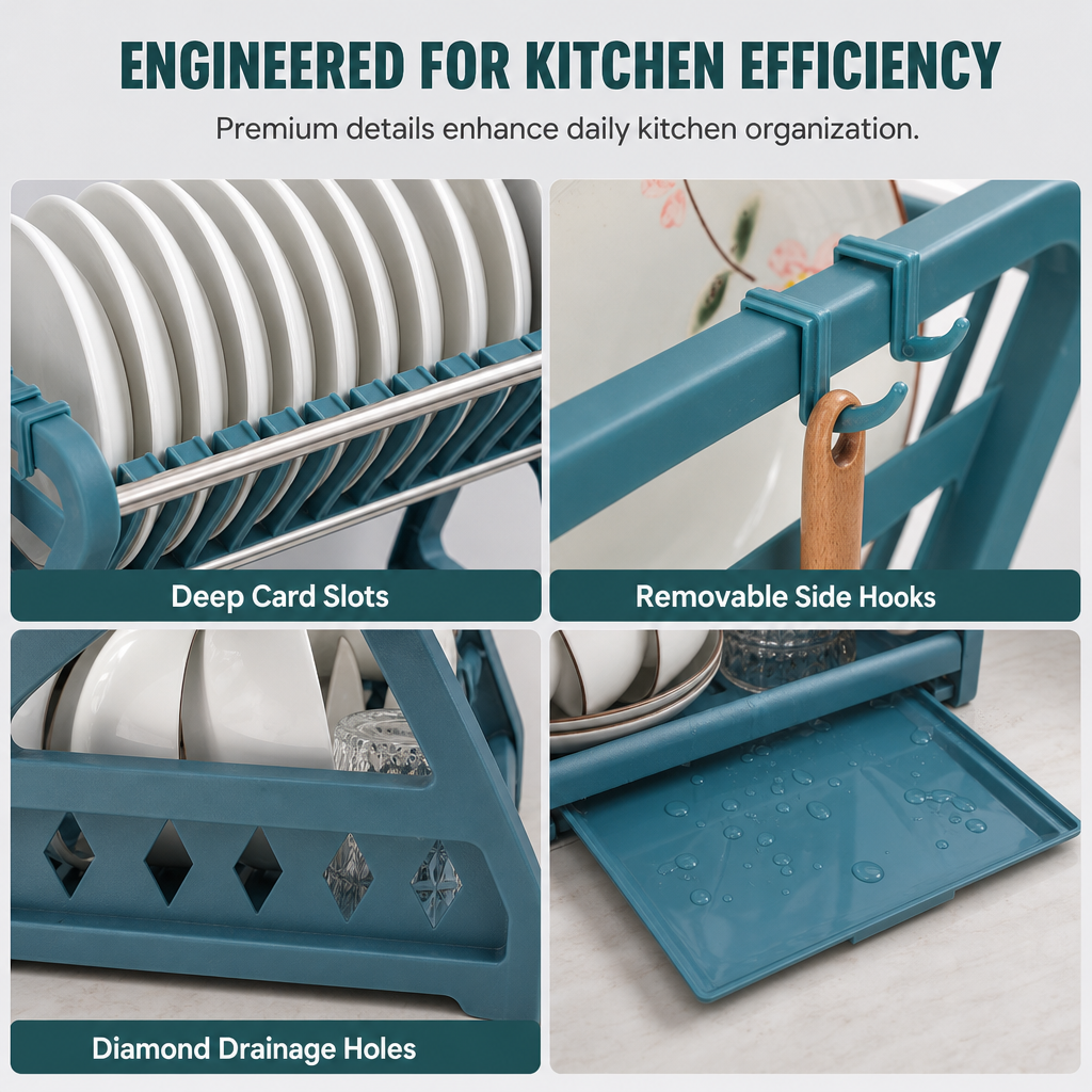 🍽️ 50% OFF! ✨ Multi-Tier Carbon Steel Dish Drying Rack with Drip Tray – Double Counter Space Vertical Design, Holds 12+ Plates Deep Card Slots, Removable Slide-Out Drainage Tray & Tool-Free Snap Assembly – 3 Colors 🥢