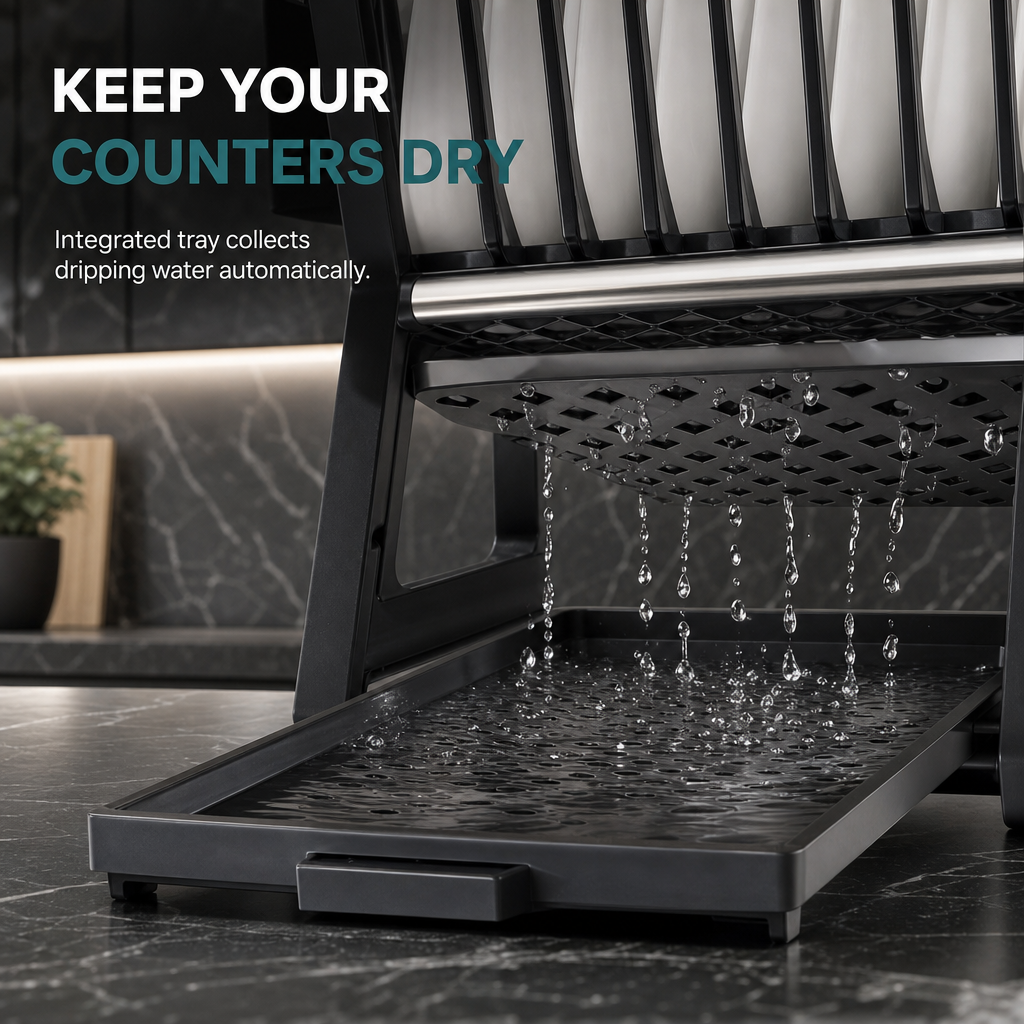 🍽️ 50% OFF! ✨ Multi-Tier Carbon Steel Dish Drying Rack with Drip Tray – Double Counter Space Vertical Design, Holds 12+ Plates Deep Card Slots, Removable Slide-Out Drainage Tray & Tool-Free Snap Assembly – 3 Colors 🥢