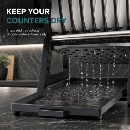 🍽️ 50% OFF! ✨ Multi-Tier Carbon Steel Dish Drying Rack with Drip Tray – Double Counter Space Vertical Design, Holds 12+ Plates Deep Card Slots, Removable Slide-Out Drainage Tray & Tool-Free Snap Assembly – 3 Colors 🥢