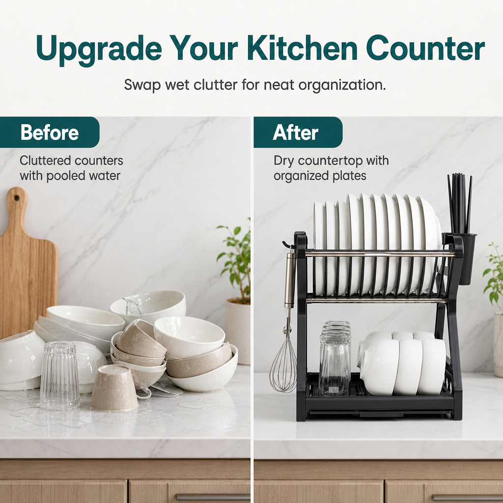🍽️ 50% OFF! ✨ Multi-Tier Carbon Steel Dish Drying Rack with Drip Tray – Double Counter Space Vertical Design, Holds 12+ Plates Deep Card Slots, Removable Slide-Out Drainage Tray & Tool-Free Snap Assembly – 3 Colors 🥢