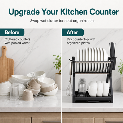 🍽️ 50% OFF! ✨ Multi-Tier Carbon Steel Dish Drying Rack with Drip Tray – Double Counter Space Vertical Design, Holds 12+ Plates Deep Card Slots, Removable Slide-Out Drainage Tray & Tool-Free Snap Assembly – 3 Colors 🥢