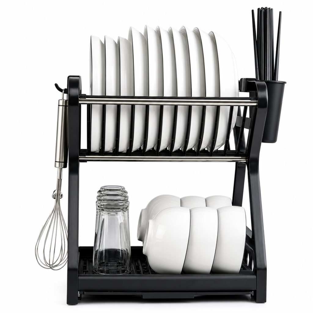 🍽️ 50% OFF! ✨ Multi-Tier Carbon Steel Dish Drying Rack with Drip Tray – Double Counter Space Vertical Design, Holds 12+ Plates Deep Card Slots, Removable Slide-Out Drainage Tray & Tool-Free Snap Assembly – 3 Colors 🥢
