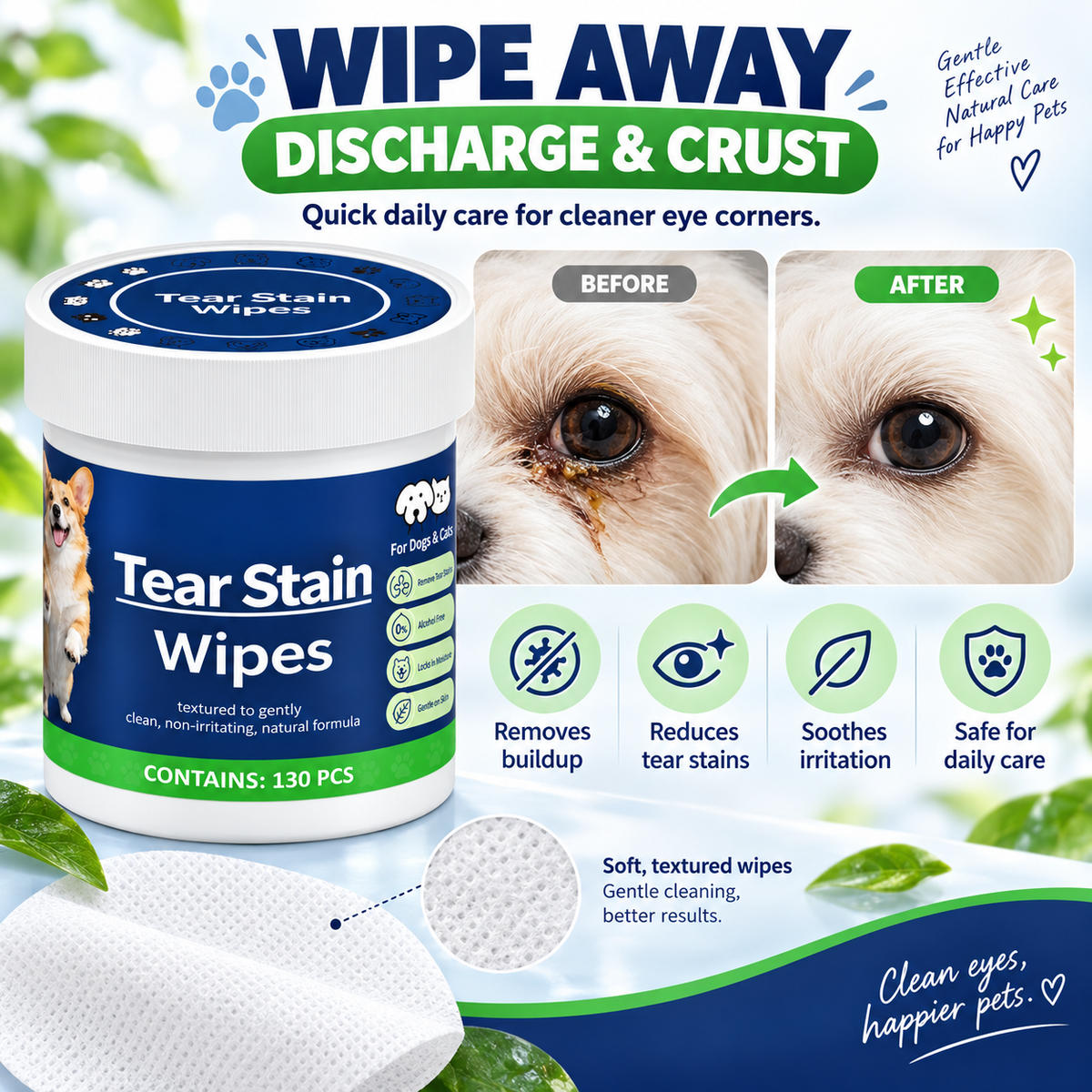 Pet Eye and Tear Stain Cleaning Wipes for Dogs and Cats