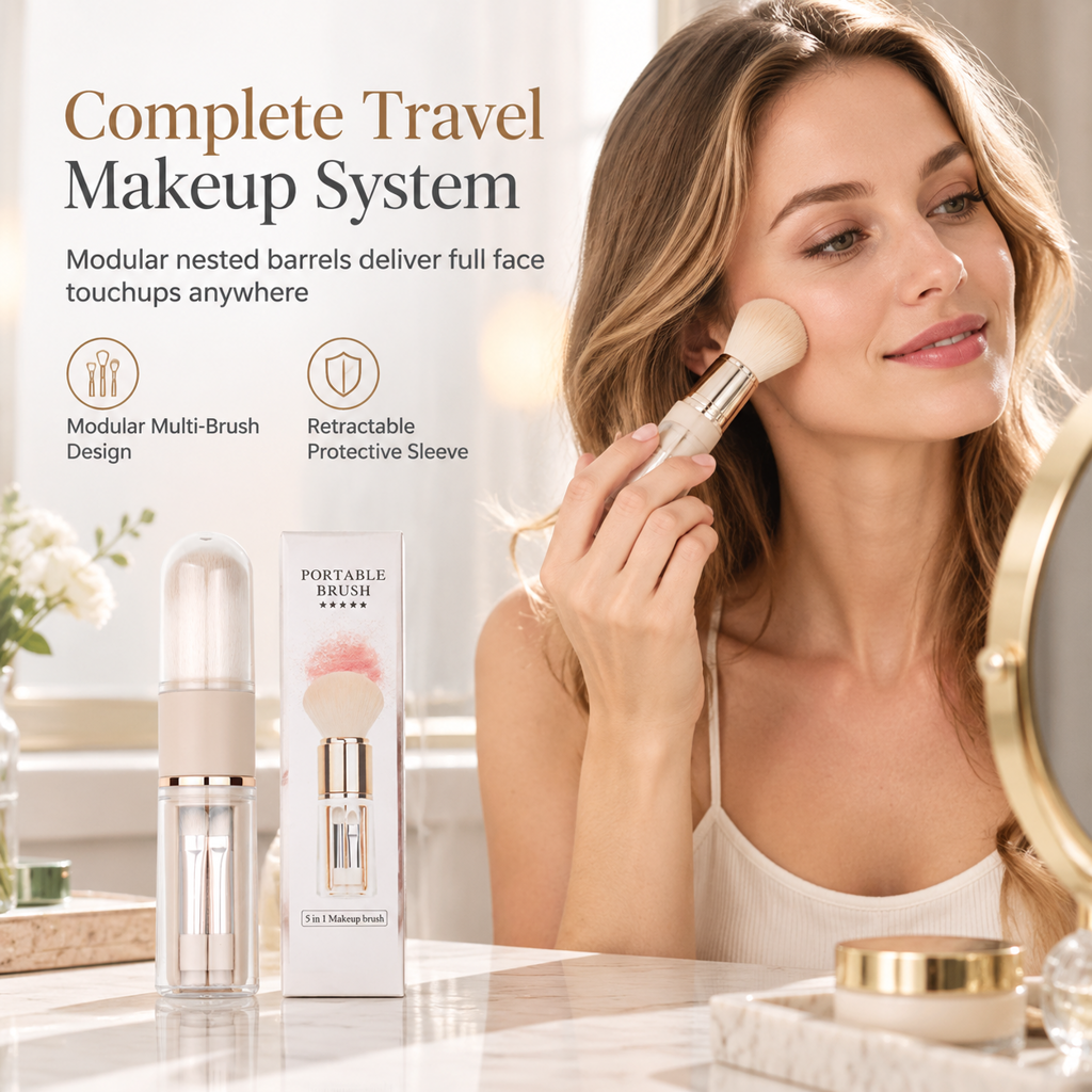 🖌️LAST DAY SALE 50% OFF !!📢Portable Retractable Makeup Brush Set – Multifunctional Travel Cosmetic Tool with Powder, Blush & Silicone Lip Brush
