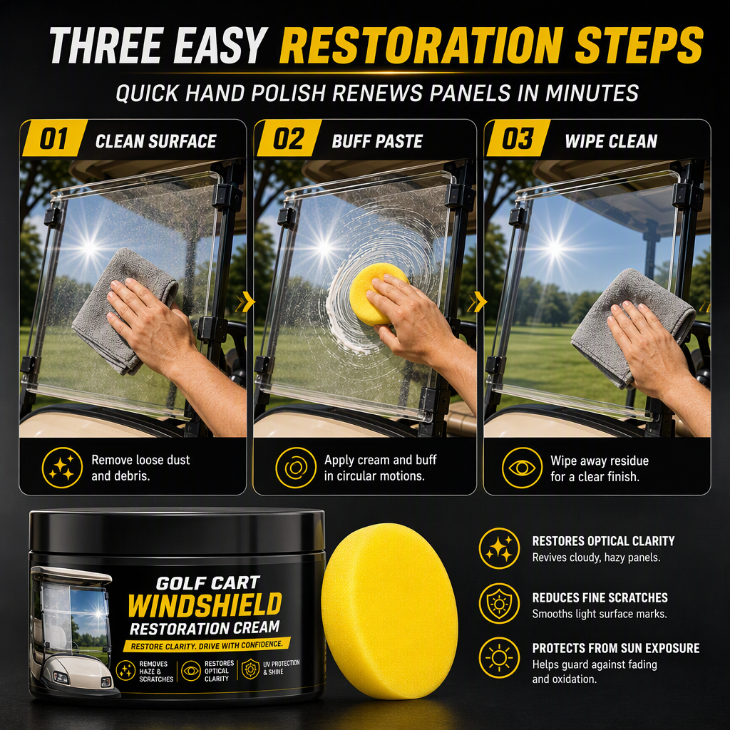 🥳2026 HOT SALE🥳💞50K+ SOLD! 🏌️✨ 50% OFF! Golf Cart Windshield Scratch Repair Paste – buffs away haze & yellowing, restores crystal-clear vision. Includes sponge, easy 3-step hand buffing! 🛡️✅
