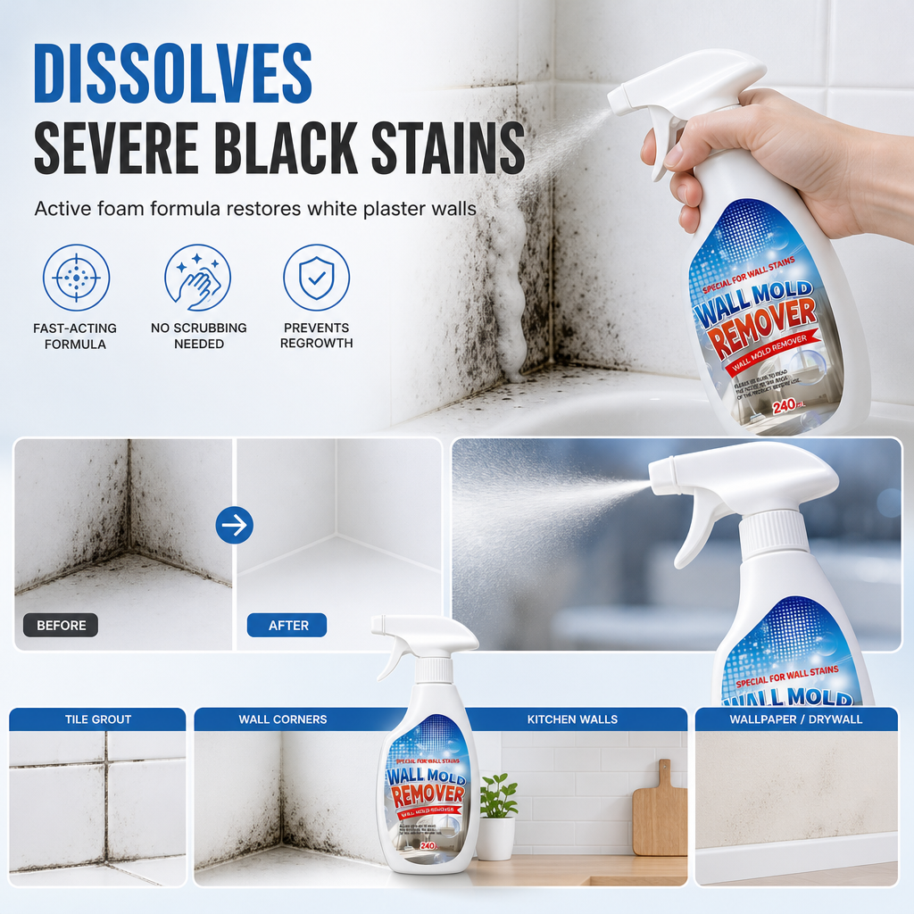 ⏳Last Day Buy 2 Get 1 Free📢Wall Mold & Mildew Remover Spray 240ml, Quick Stain Removal for Painted Walls and Wallpaper🧱