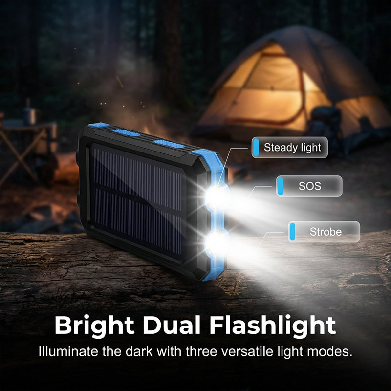 Solar Power Bank with Dual Flashlight & Compass