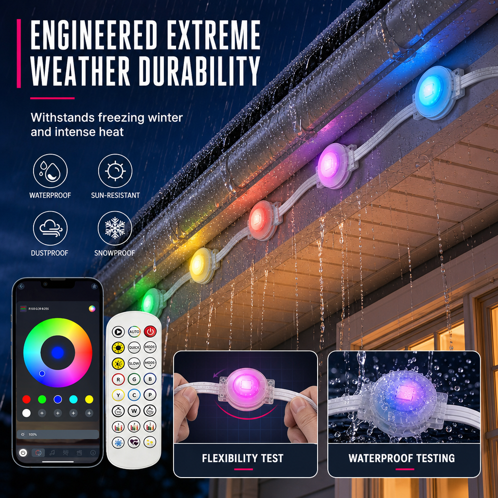 Smart LED Outdoor Eaves Lights IP67 Waterproof RGB Color Changing String Lights with App Control