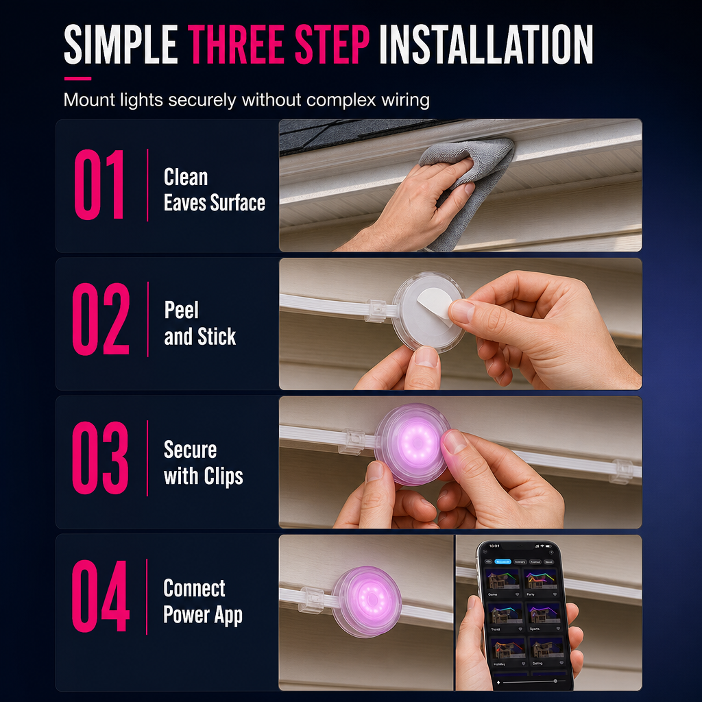 Smart LED Outdoor Eaves Lights IP67 Waterproof RGB Color Changing String Lights with App Control