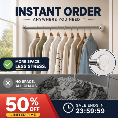 🧥50% OFF NOW! Adjustable No‑Drill Tension Rod, 70‑100cm Spring Tension Clothes Hanging Rod, No‑Damage Non‑Slip Closet Curtain Rod, Max 15KG Load for Wardrobe, Bathroom