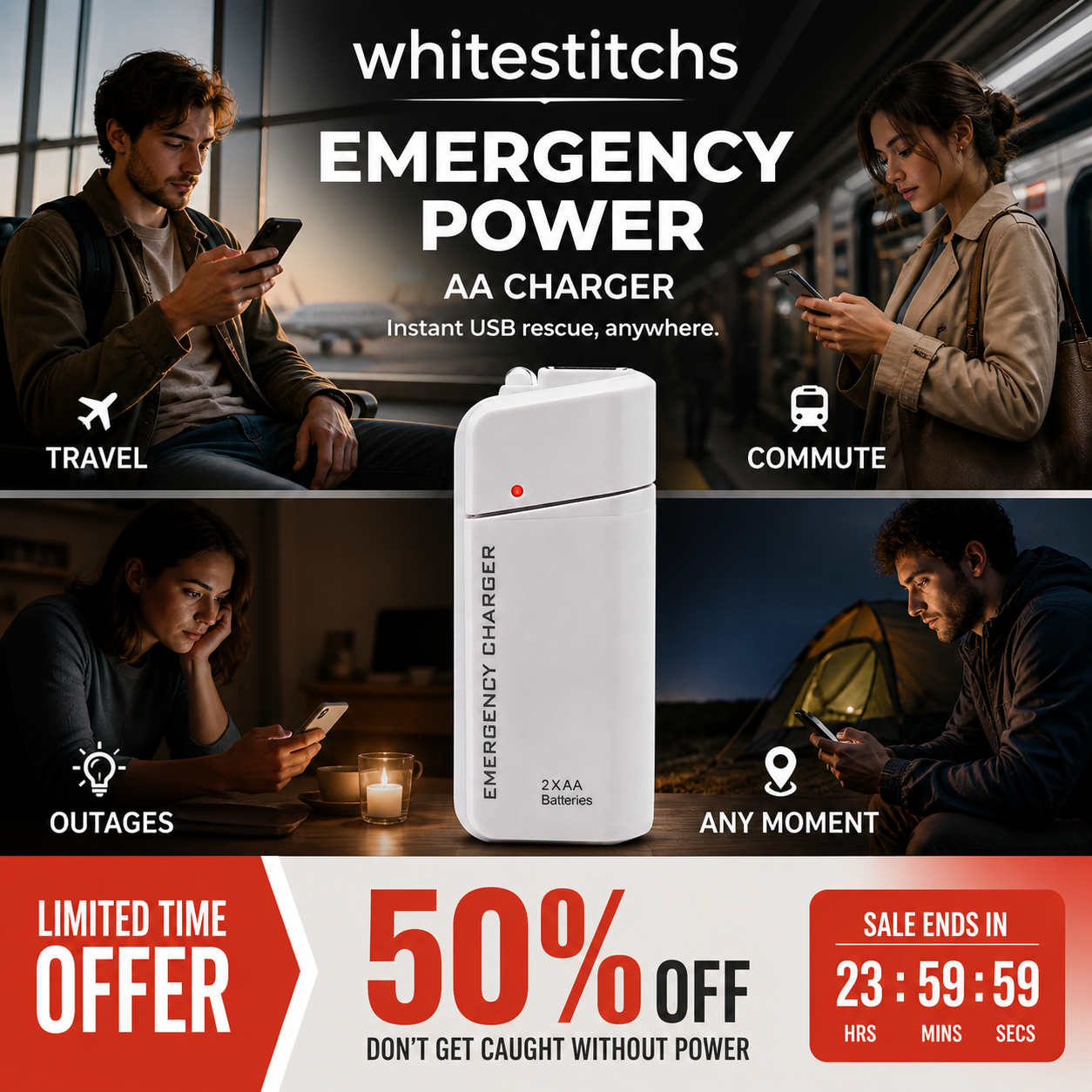 📢📢50% OFF !! ⏰Portable Emergency Phone Charger AA Battery Powered Power Bank with LED Flashlight