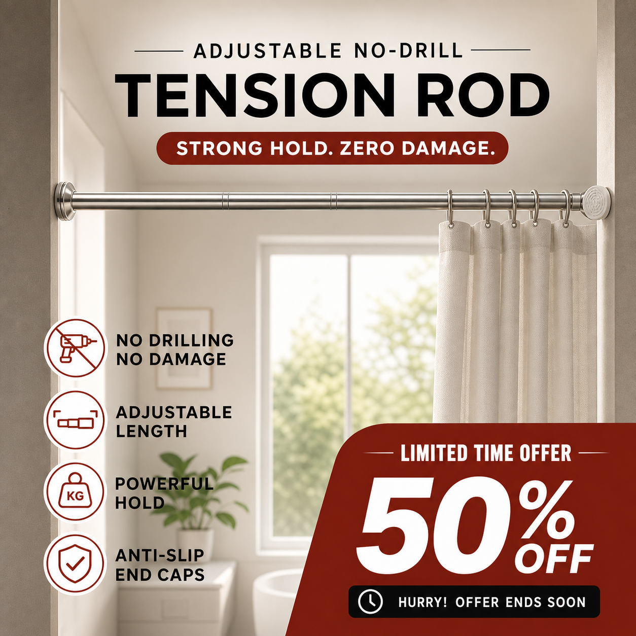🧥50% OFF NOW! Adjustable No‑Drill Tension Rod, 70‑100cm Spring Tension Clothes Hanging Rod, No‑Damage Non‑Slip Closet Curtain Rod, Max 15KG Load for Wardrobe, Bathroom
